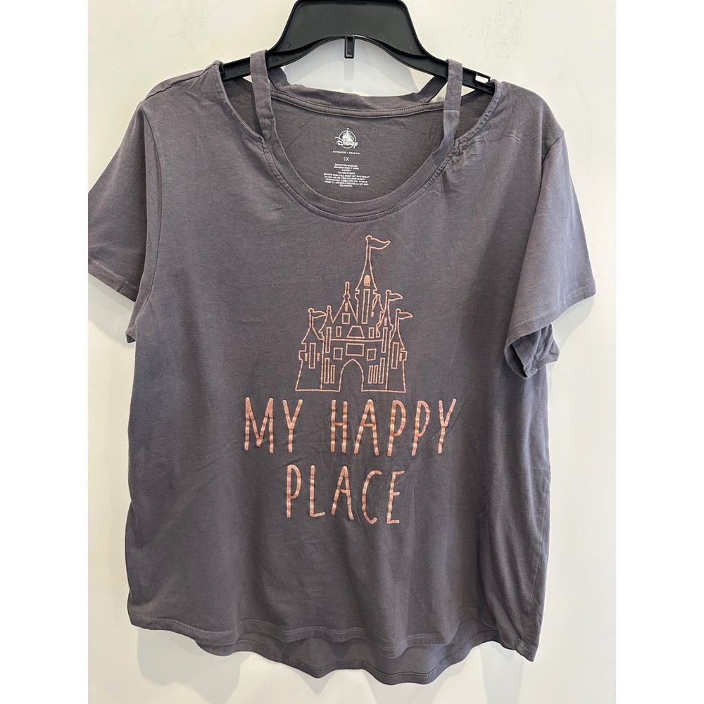 Disney Parks My Happy Place Castle Glitter Graphic Tee Gray 1X Cold Shoulder
